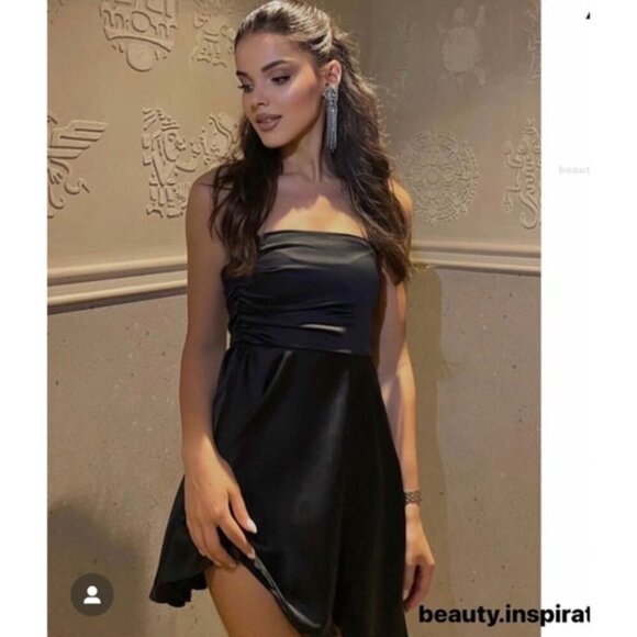 Zara Strapless Asymmetrical Hem Satin Effect Mini Dress NWT Black Size XS - Picture 7 of 12